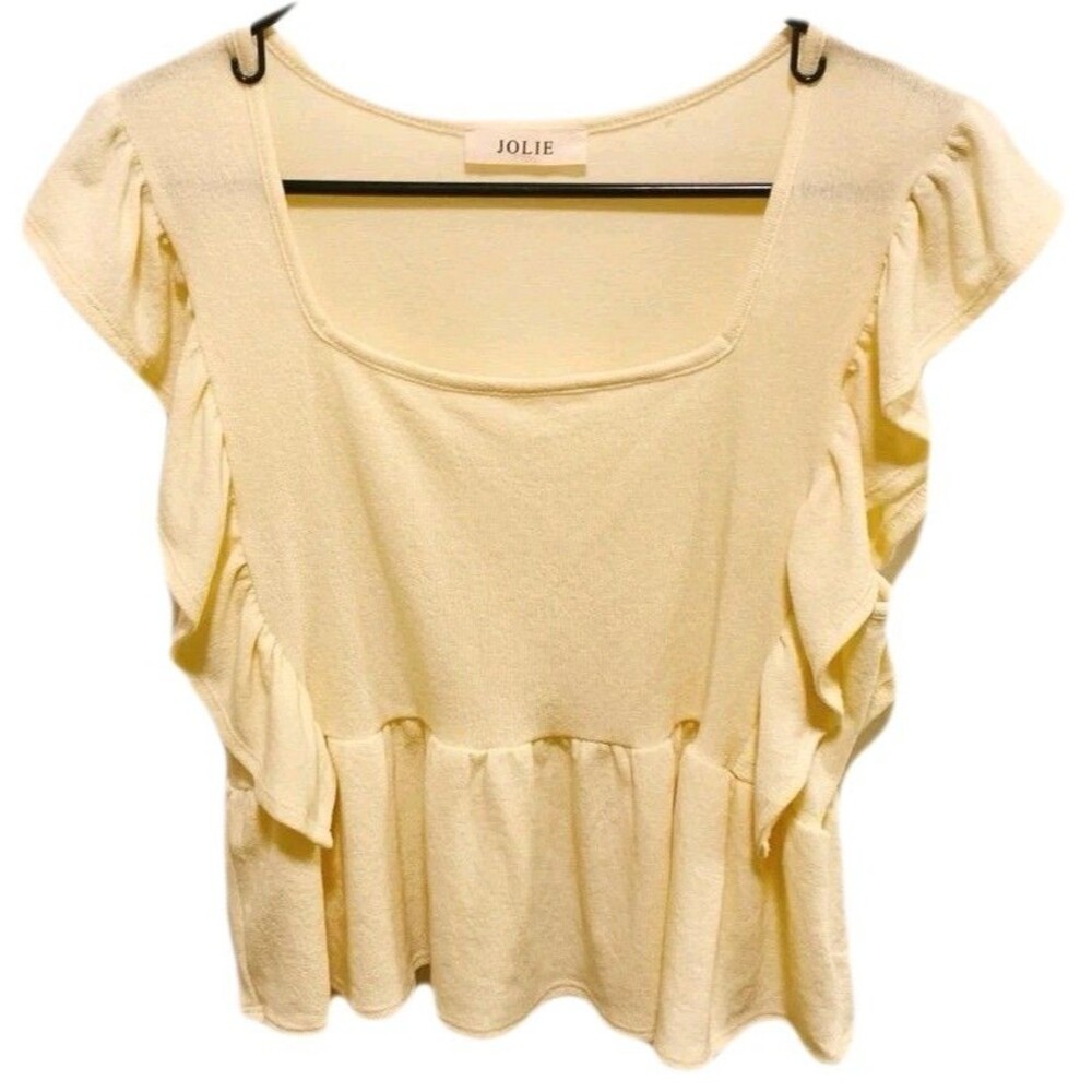 Jolie Yellow Peplum Top Square Neck Ruffle Short Sleeve Textured Knit Size M
